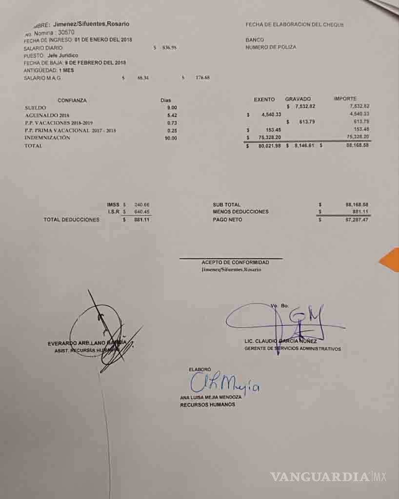 $!Denuncian se autoriza finiquito de 87 mil pesos