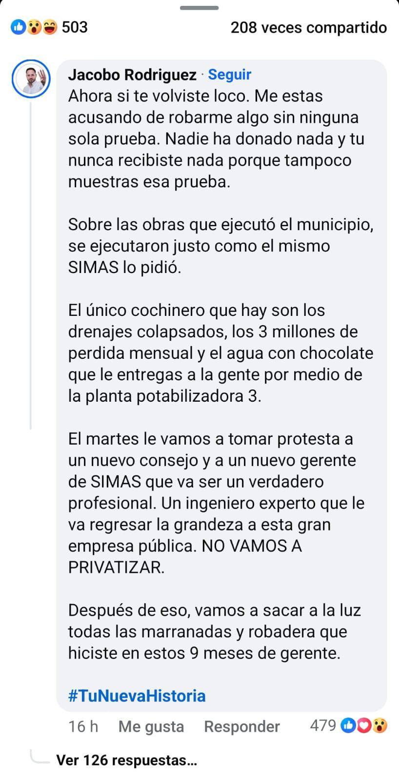 $!El alcalde Jacobo Rodríguez calificó de “loco” al exgerente Lorenzo Menera durante su respuesta a las acusaciones sobre presuntos malos manejos en SIMAS.