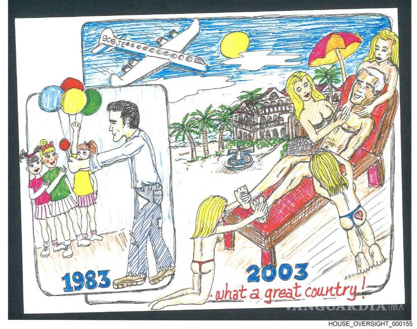 $!Dibujo en donde en la primera imagen aparece regalando globos a cuatro niñas, y en la segunda, en una hamaca recibiendo un masaje de cuatro mujeres.