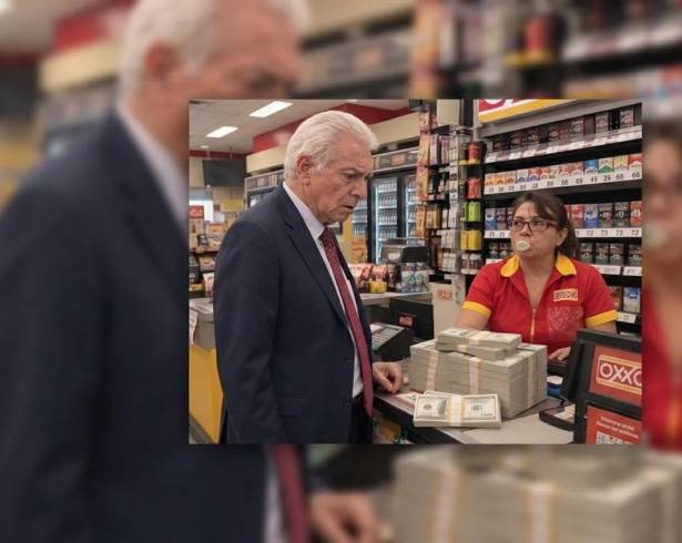 La escena ironiza la diferencia entre los 5 mil pesos depositados y los más de 56 millones de dólares que se exigían como garantía.