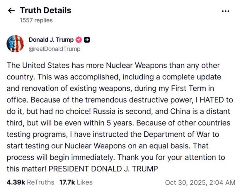 $!Donald Trump ordenó empezar a probar inmediatamente el arsenal nuclear estadounidense debido a los programas de pruebas de otros países.