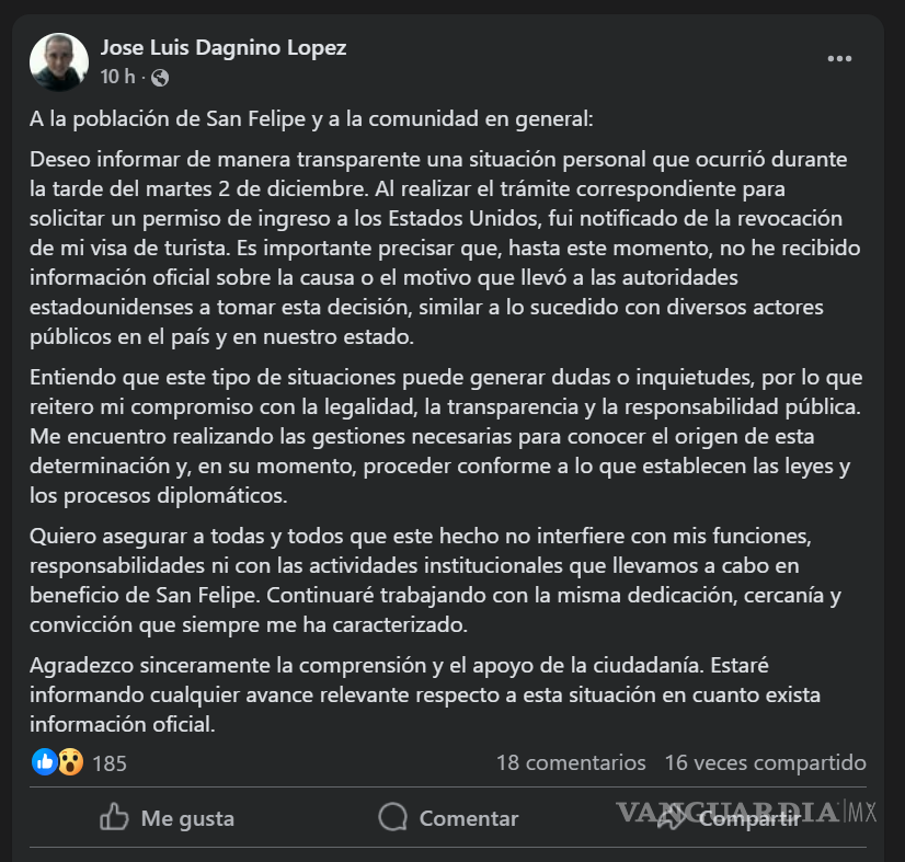 $!Estados Unidos revoca la visa del alcalde de San Felipe, José Luis Dagnino López