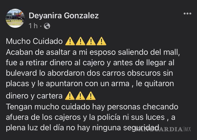 Denuncian asalto a mano armada en plaza comercial de Monclova