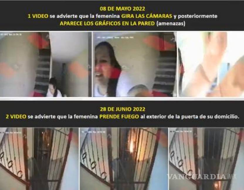 $!En el primer video, del 8 de mayo de 2022, se ve a la mujer girar las cámaras, y posteriormente se ven en la pared las amenazas que había denunciado Raquel con anterioridad y en el segundo cuando incendia algo en la puerta de su casa.