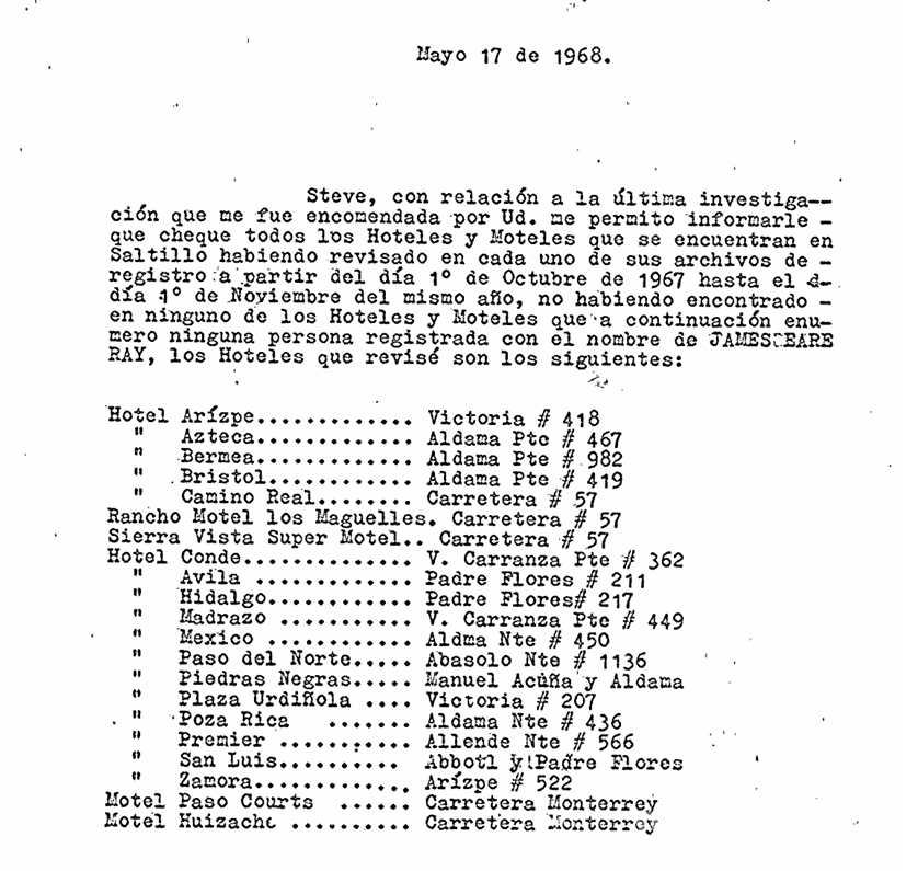 $!El documento desclasificado por EU contiene reportes sobre llamadas telefónicas, posibles desplazamientos del asesino de Martin Luther King Jr., investigaciones en hoteles mexicanos y la colaboración de policías nacionales con agentes estadounidenses.