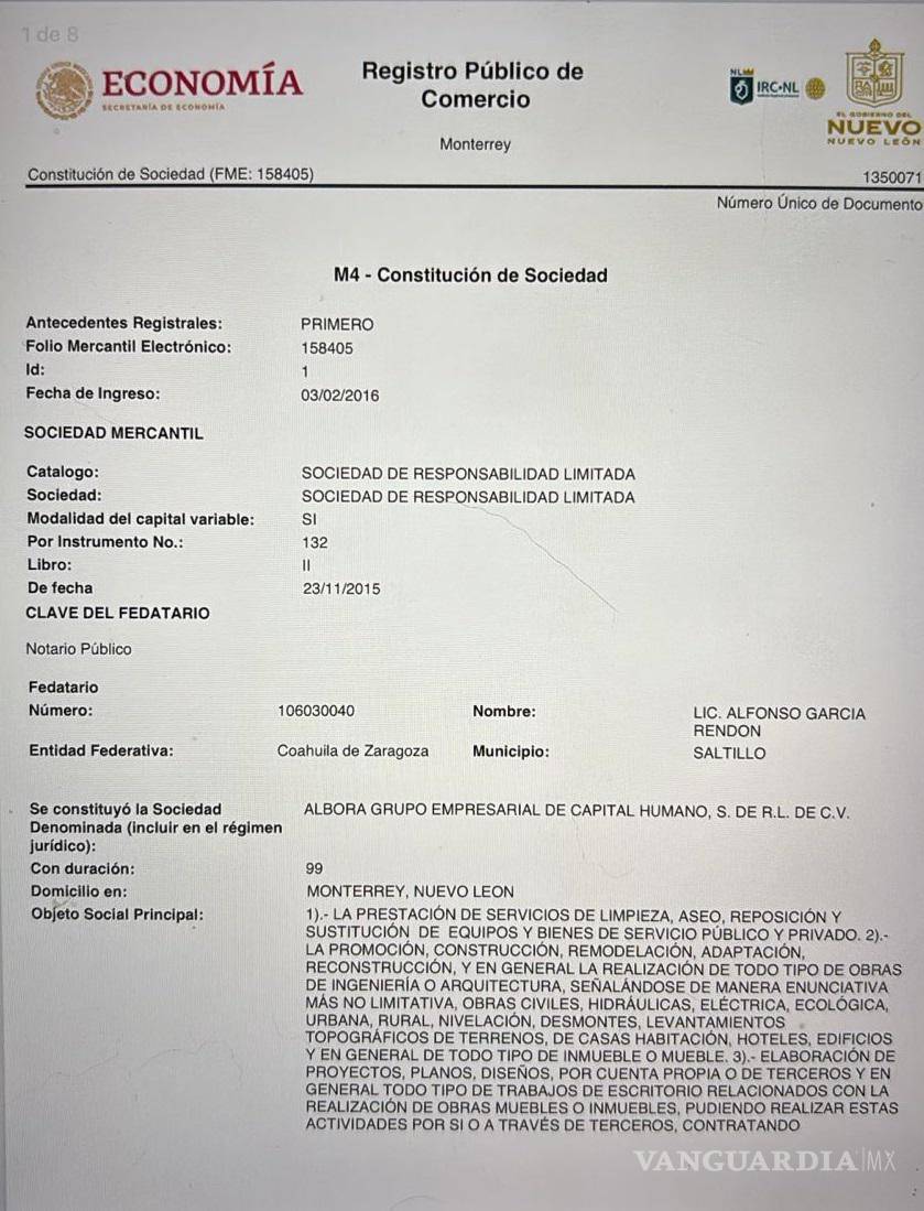 $!La empresa fue dada de alta en Nuevo León y tiene como objeto social varios rubros que van desde la construcción, la auditoría y la limpieza.