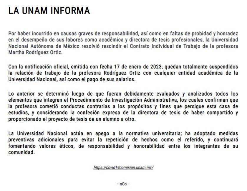 $!UNAM despide a la asesora de tesis de la ministra Yasmín Esquivel