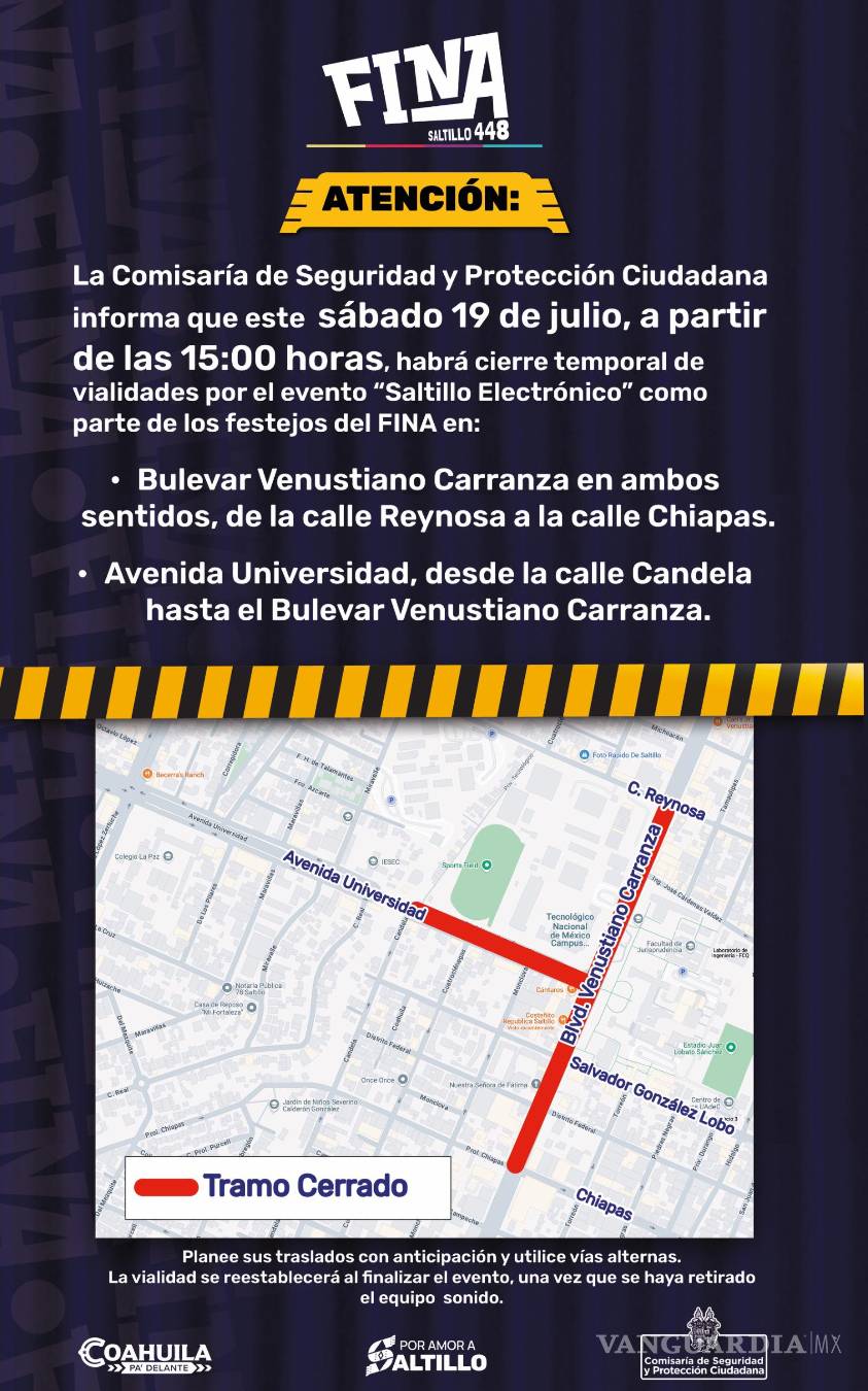 $!Habrá cierres viales por concierto ‘Saltillo Electrónico’ este sábado; use vías alternas