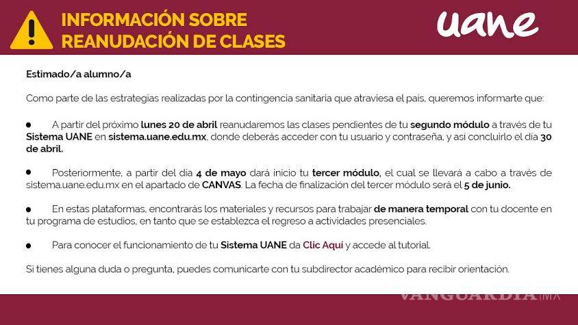 $!UANE e ITESM concluirán semestre en línea en Coahuila