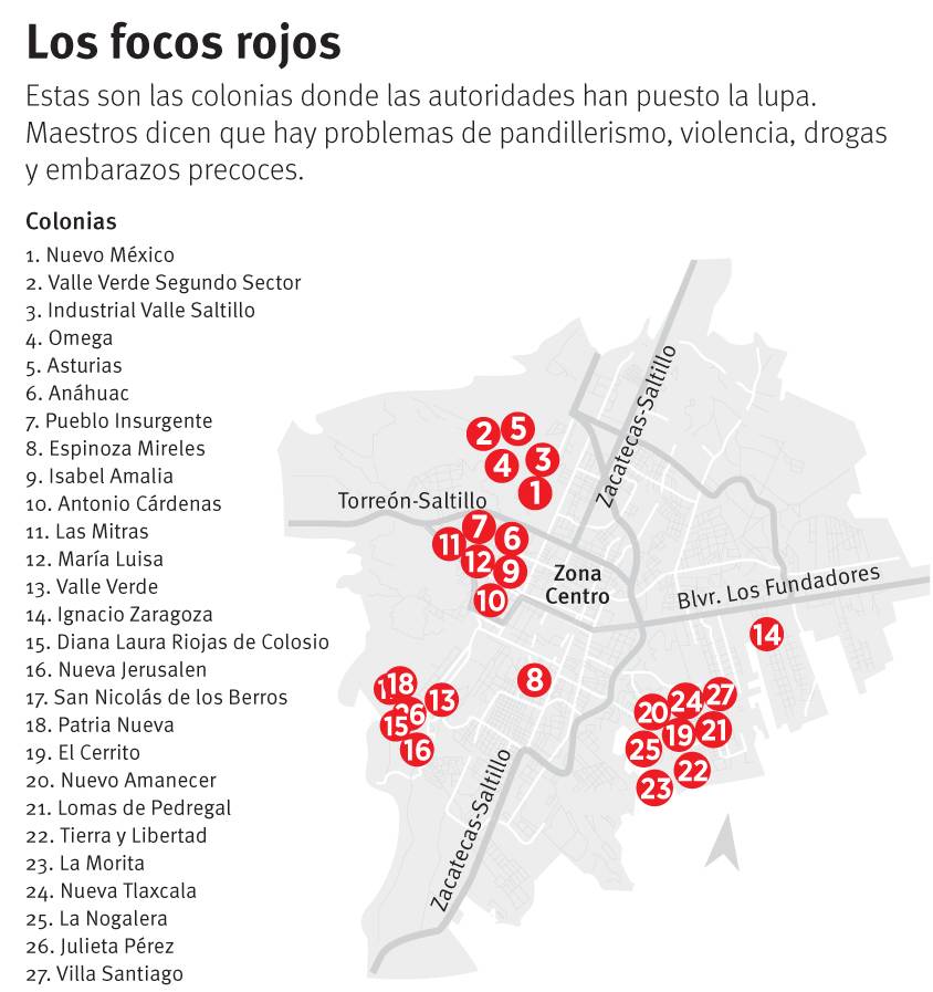$!Rondan violencia y drogas a escuelas en 27 colonias de Saltillo