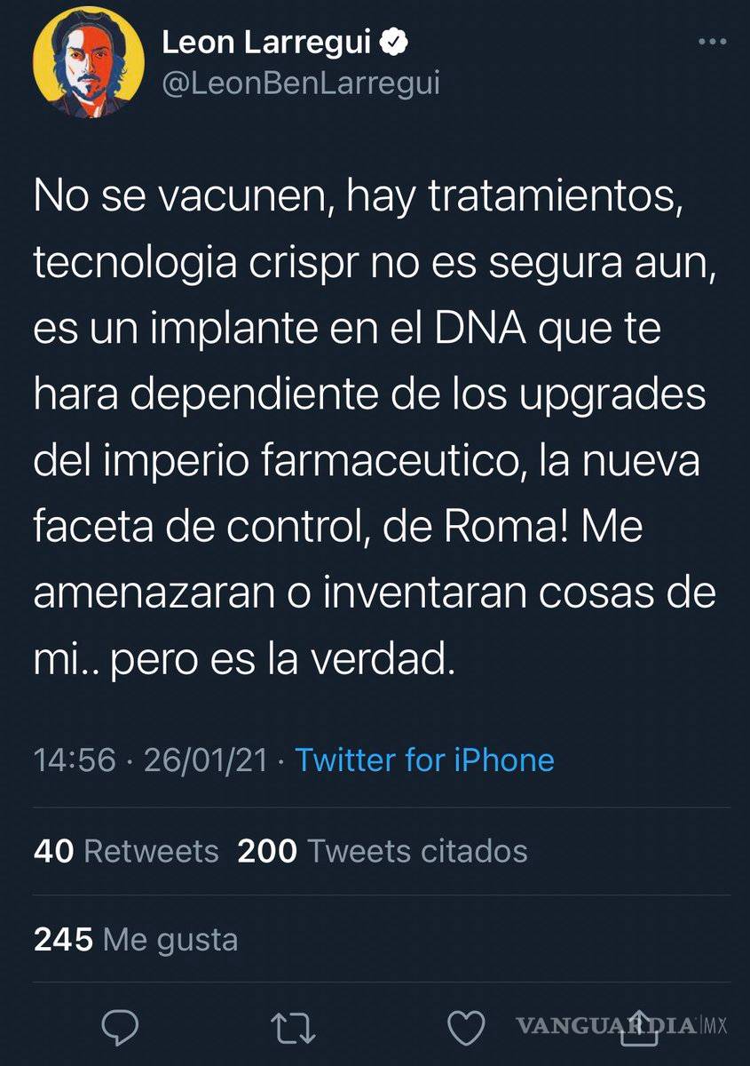 $!Elimina Twitter cuenta a León Larregui, descalificó vacunas y pidió a fans que no se vacunen contra COVID-19