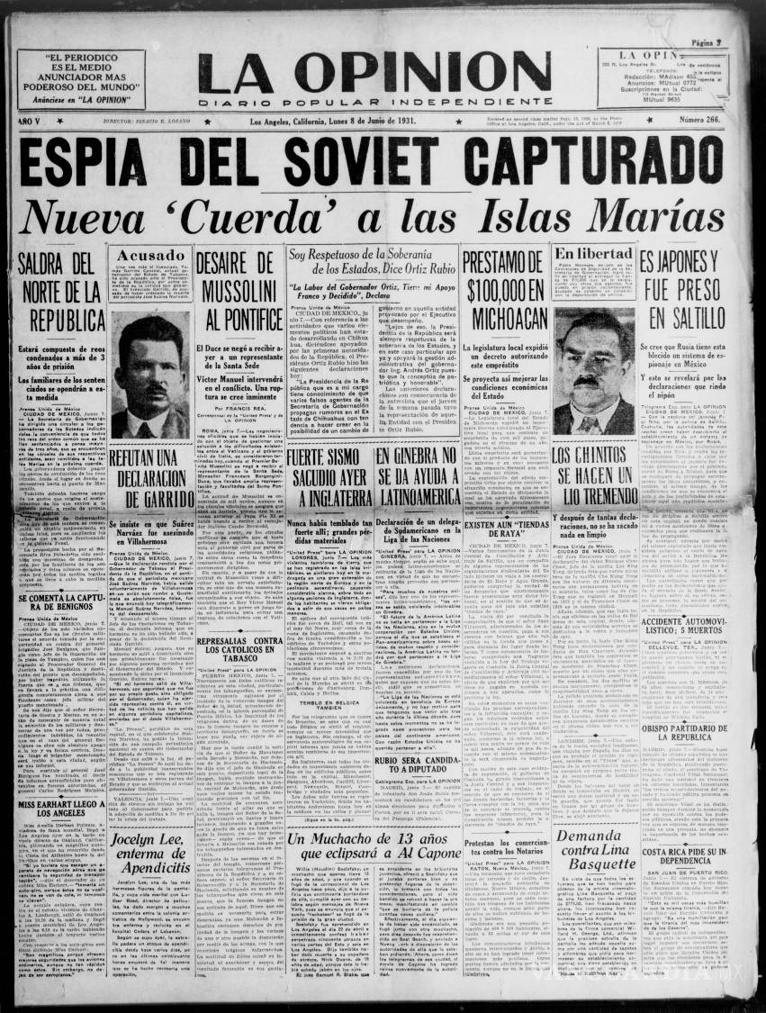 $!La portada de La Opinión del 8 de junio de 1931 muestra la amplificación del episodio: lo ocurrido en Saltillo fue presentado ante sus lectores como un indicio de espionaje y penetración soviética en México.