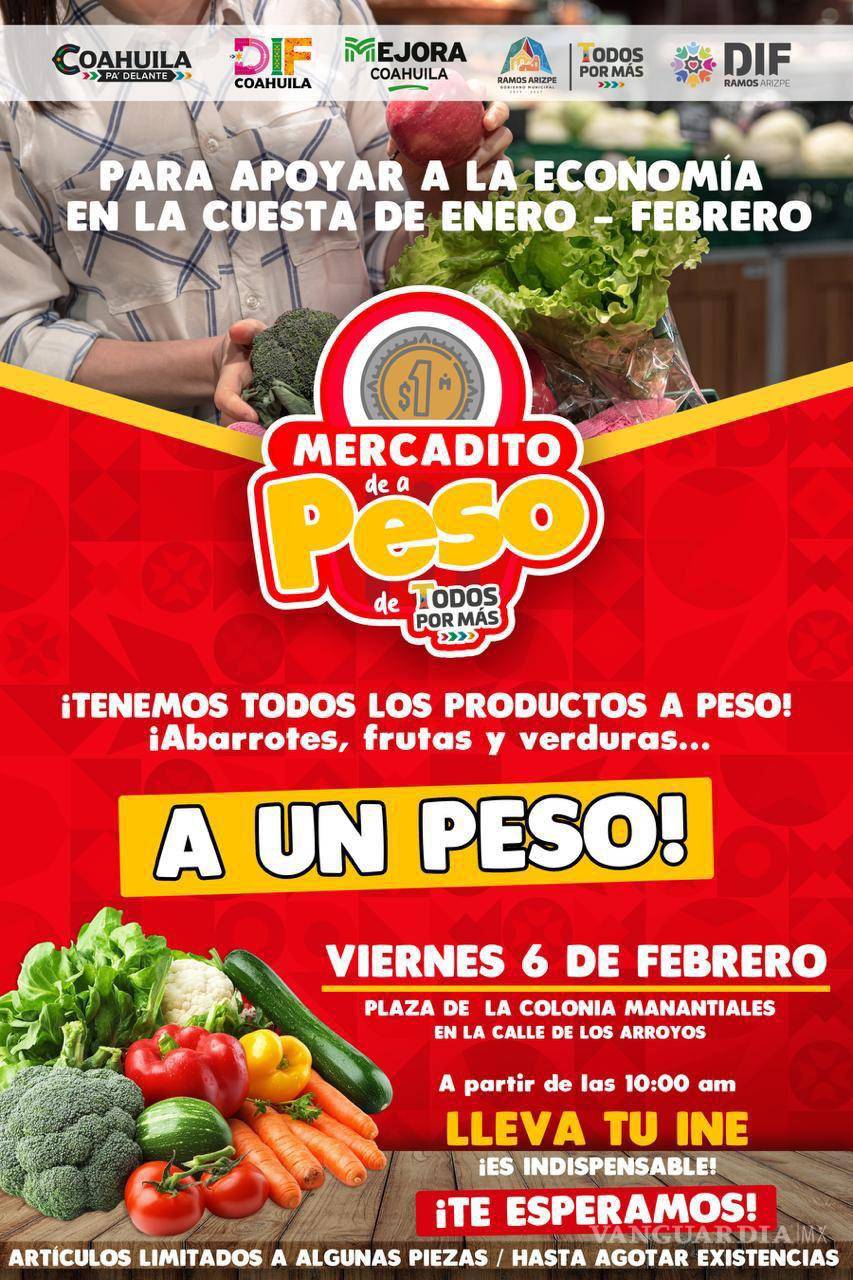 $!La jornada del Mercadito de a Peso “Todos por Más - Mejora” se realizará este viernes en la plaza de la colonia Manantiales, donde se ofertarán alimentos y artículos esenciales a un peso.