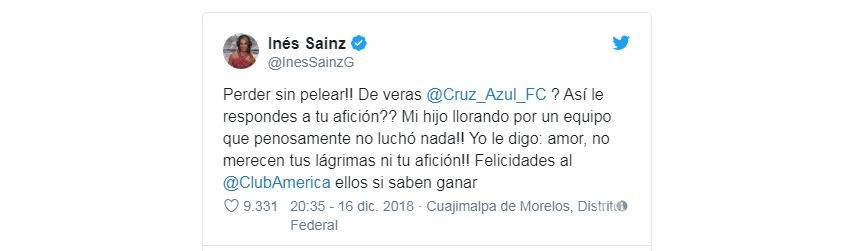 $!Inés Sainz explota contra Cruz Azul por causarle lágrimas a su hijo