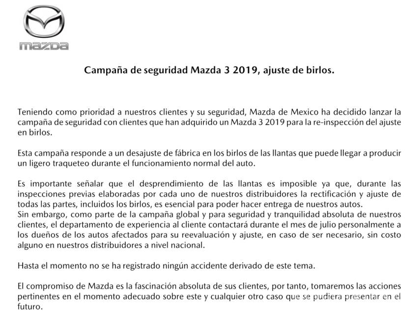 $!Mazda llama a revisión al Mazda 3 2019 en México