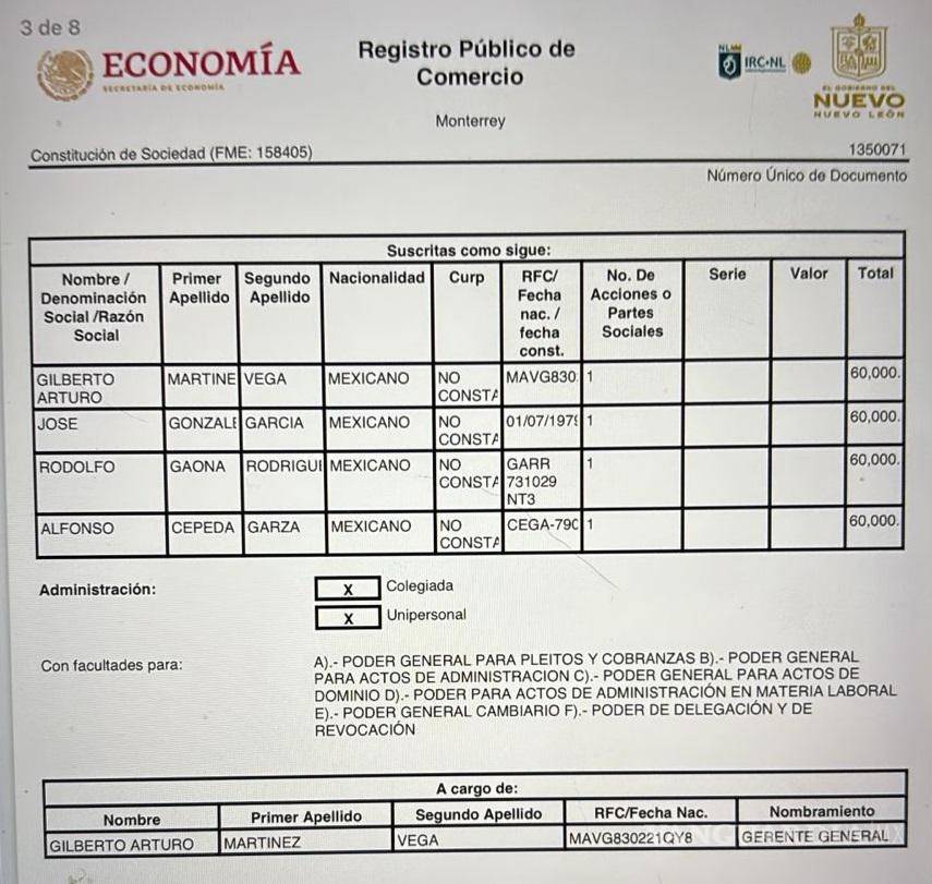 $!En la Constitución de Sociedad de la empresa Albora aparece Alfonso Cepeda Garza como uno de los cuatro socios.