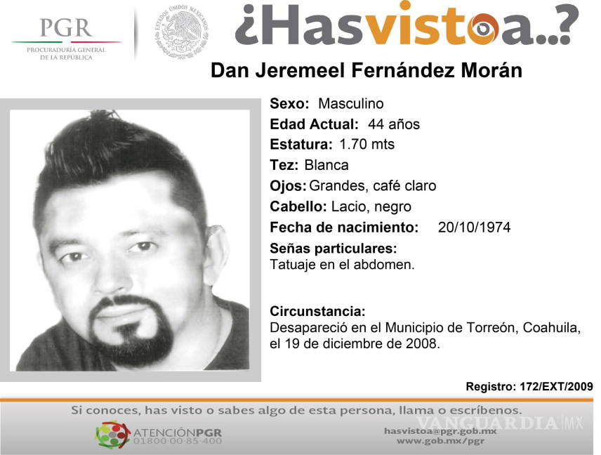 $!PGR publica recompensa por desaparecido en Torreón hace 10 años