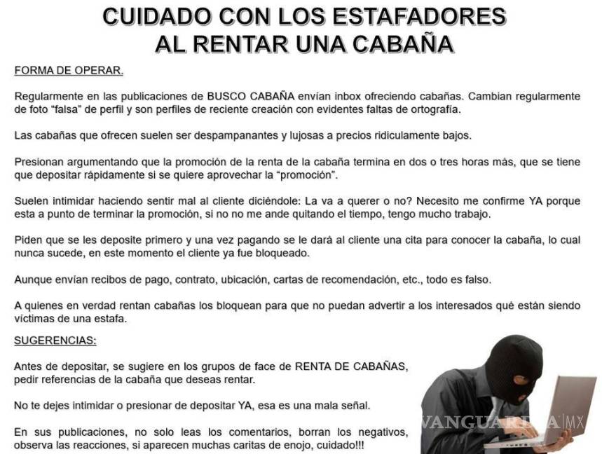 Identifican cuentas de redes sociales que ofertan cabañas inexistentes en Arteaga