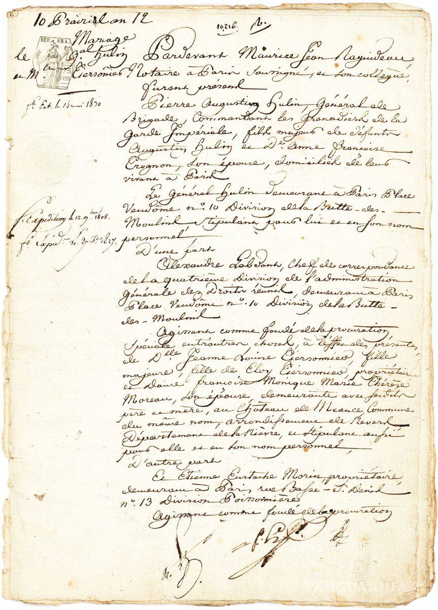 $!Subastarán en San Valentín el acta nupcial de Napoléon y Josefina