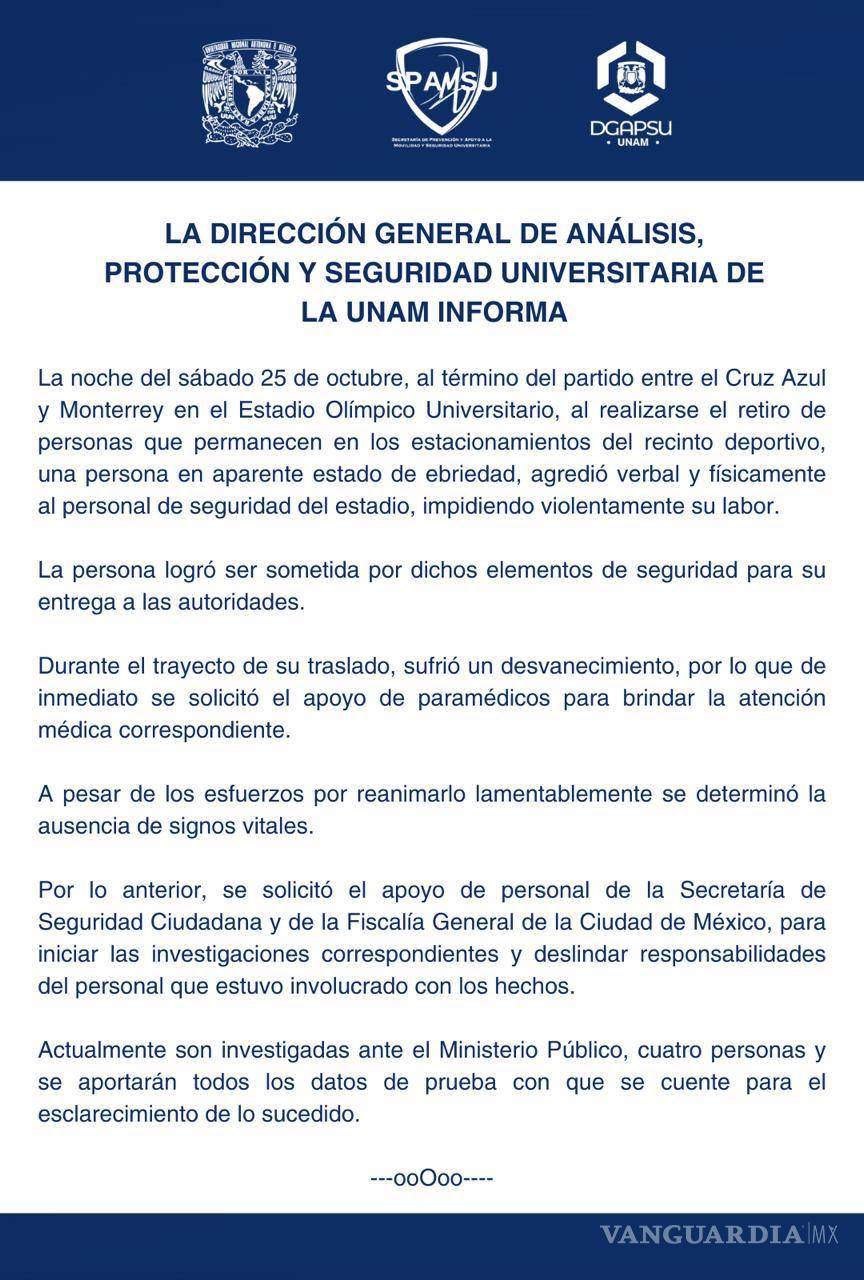 $!¿Qué se sabe sobre la muerte de Rodrigo Mondragón? Aficionado de Cruz Azul fallece tras ser sometido por guardias de la UNAM