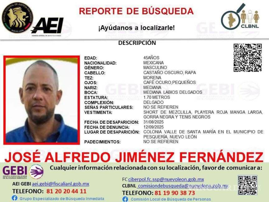 $!La Fiscalía General del Estado y la Agencia Estatal de Investigaciones emitieron una ficha de búsqueda tras la denuncia de desaparición.