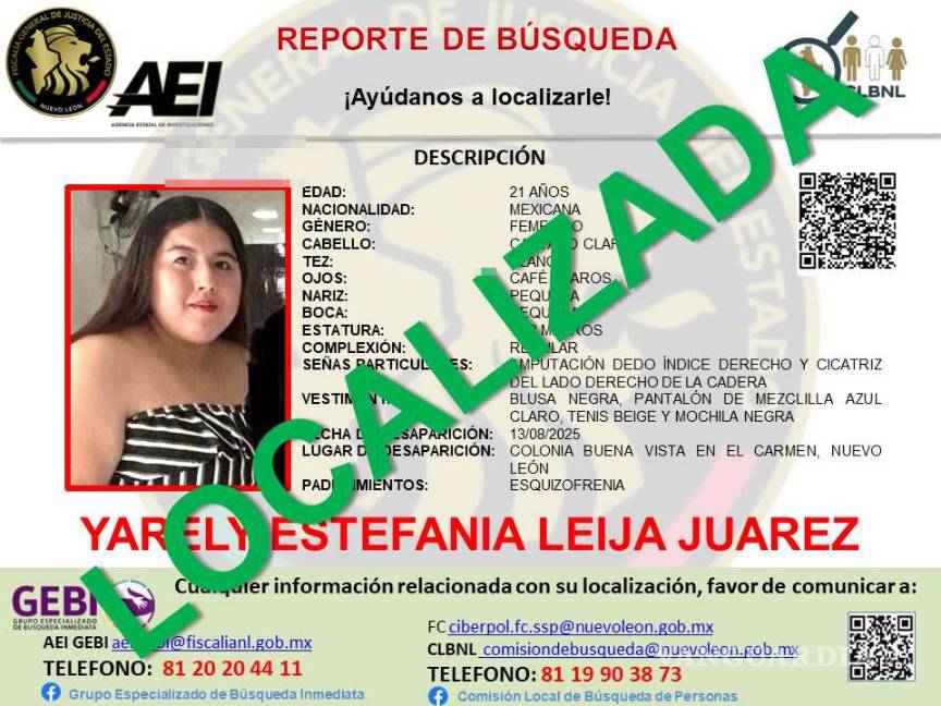 $!Localizan a joven desaparecida que padece esquizofrenia, en Nuevo León
