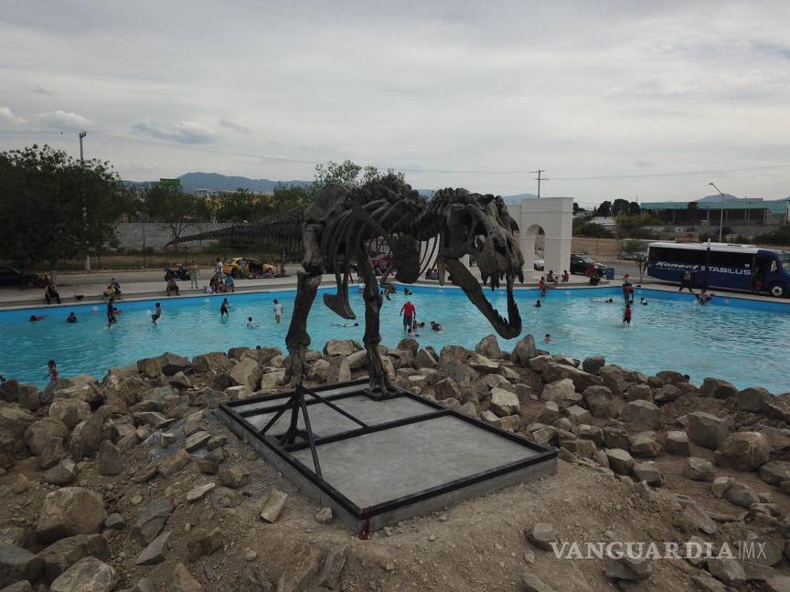 $!En medio del lago artificial se instaló una estructura de Tiranosaurio Rex, misma que se colocó en colaboración con el Museo del Desierto.