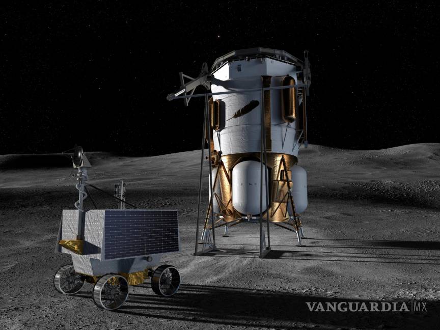 $!Concepción artística que muestra el módulo de aterrizaje Blue Moon Mark 1 de Blue Origin y el Rover de Exploración Polar para la Investigación de Volátiles (VIPER) de la NASA en la superficie lunar.
