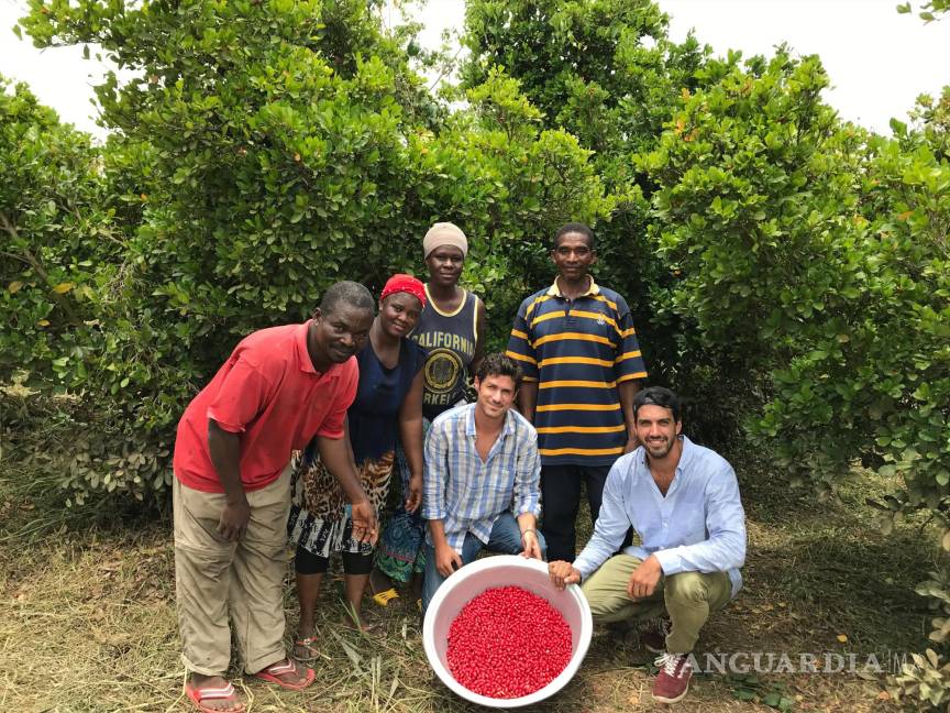 $!Los emprendedores Guillermo Milans del Bosch (izquierda) y Loan Bensadon junto a agricultores de Ghana con la baya recolectada. EFE/Baïa Food