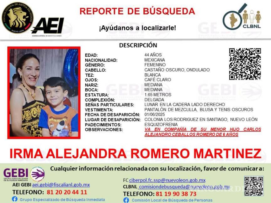 Buscan a mujer que desapareció junto a su hijo en Nuevo León