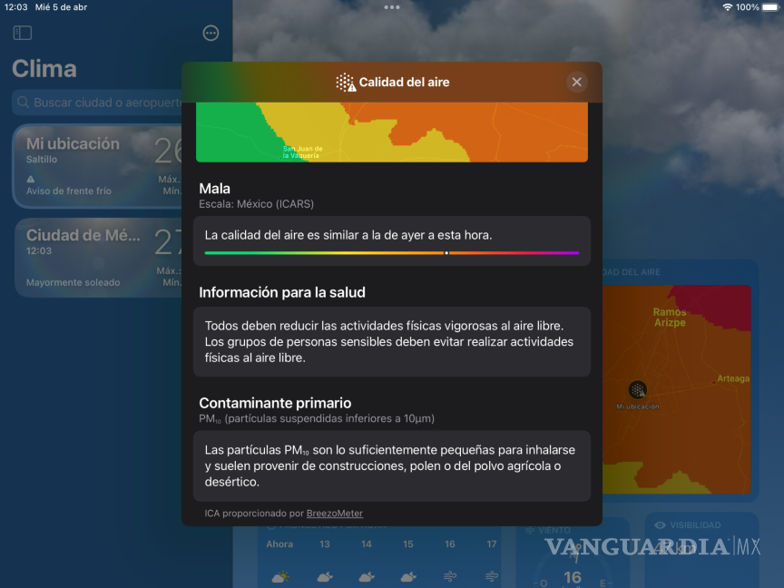 Mala calidad del aire en Saltillo para Semana Santa, según aplicación del clima de Apple