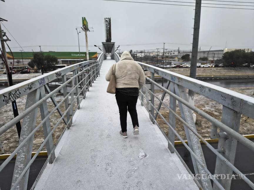 $!Puente peatonal en Saltillo cubierto de nieve.