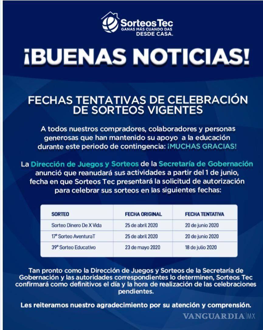 $!Dan a conocer nuevas fechas tentativas del Sorteo Tec