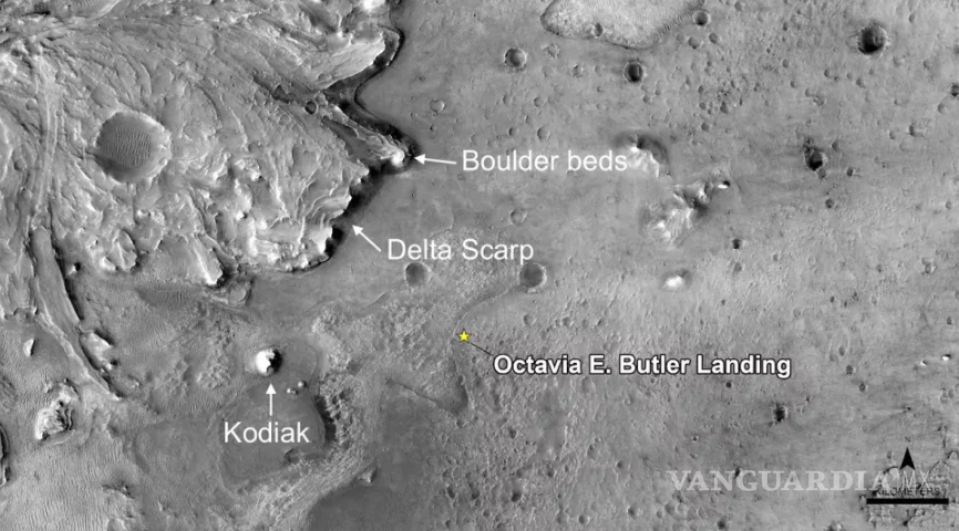 $!En esta imagen se pueden observar la colina ‘Kodiak’, el ‘Delta Scarp’ y el lugar de aterrizaje del ‘Perseverance’, informalmente conocido como ‘Octavia E. Butler’.