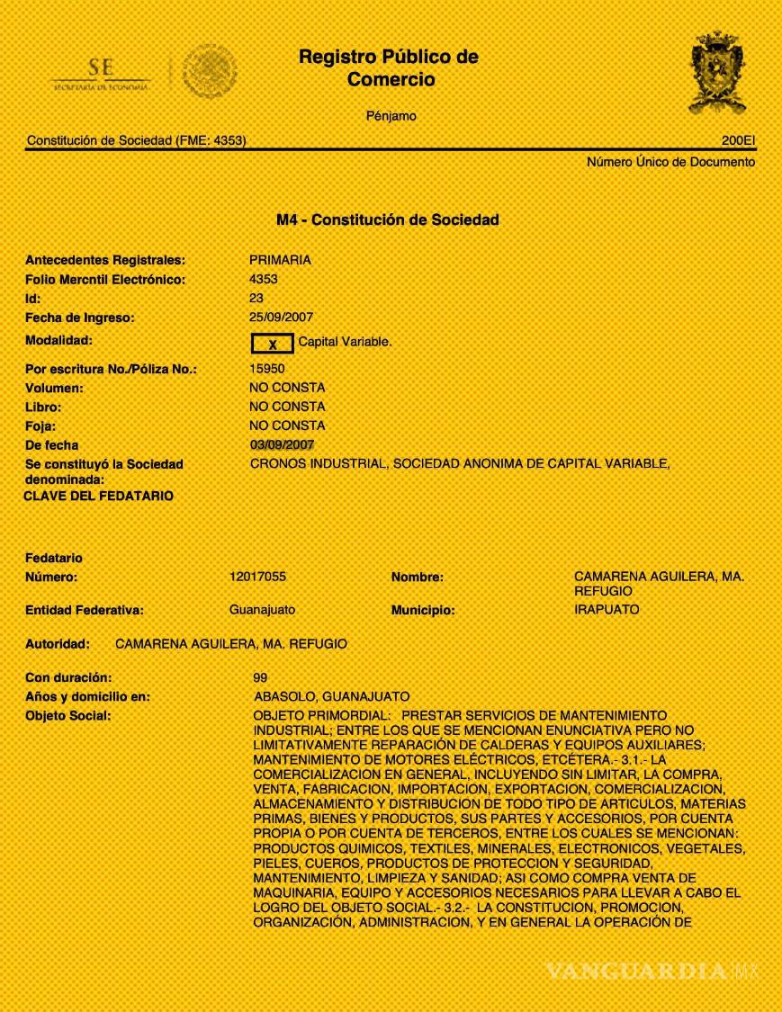 $!No pasó ni medio año entre la constitución de la empresa Cronos Industrial y su primer contrato público que recibió, además, por adjudicación directa.
