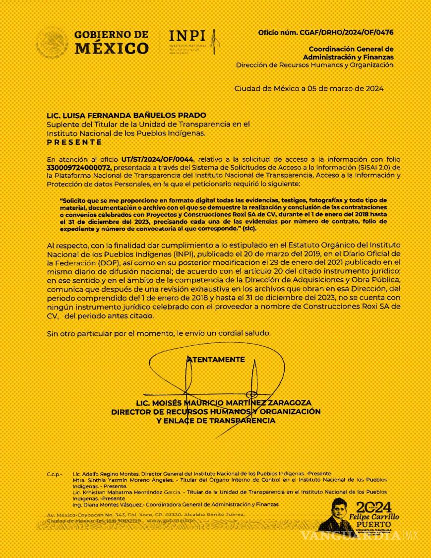 $!La dependencia inicialmente negó que existieran contratos con Proyectos y Construcciones Roxi. Tiempo después se retractó.