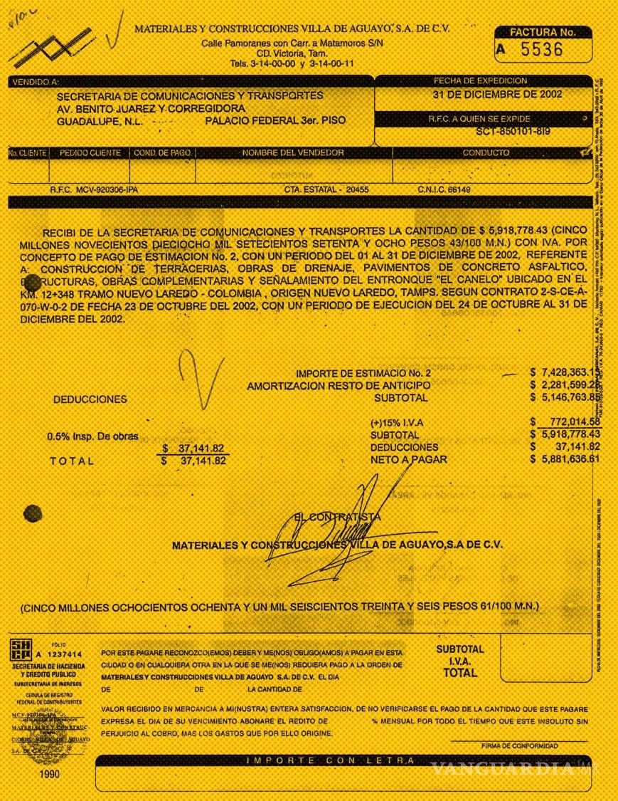 $!Para la mayoría de los contratos de Materiales y Construcciones Villa de Aguayo hubo facturas, pero no probatorios de que las obras siquiera se realizaran. | Imagen: SICT, respuesta de Transparencia
