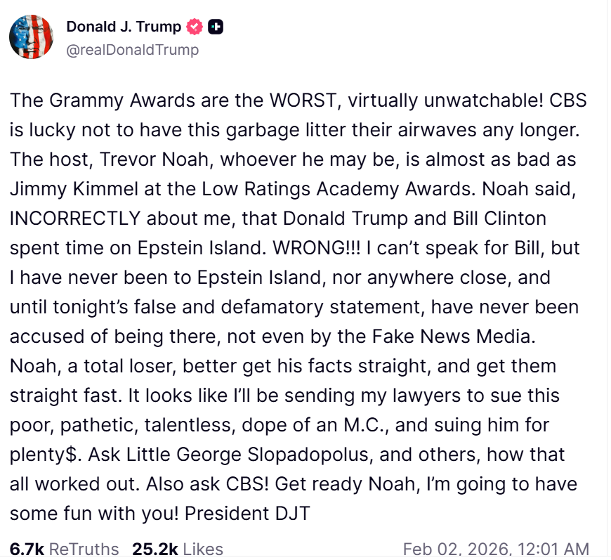 $!Trump amenaza con demandar a Trevor Noah tras comentario sobre Epstein durante los Grammy