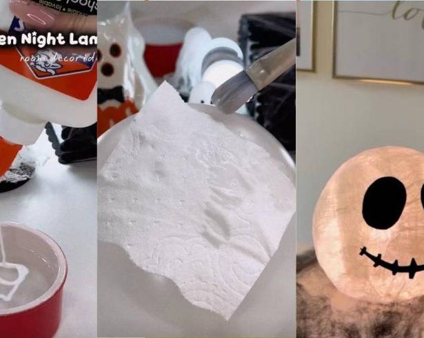 La técnica de papel moldeado sobre globo permite crear estructuras rígidas de fantasmas o calabazas que se transforman en lámparas.