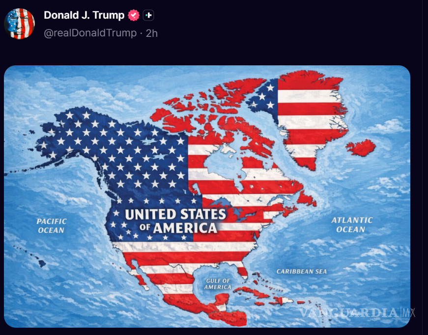 $!Trump publica mapa con México y Canadá cubiertos por la bandera de EU; Sheinbaum defiende soberanía