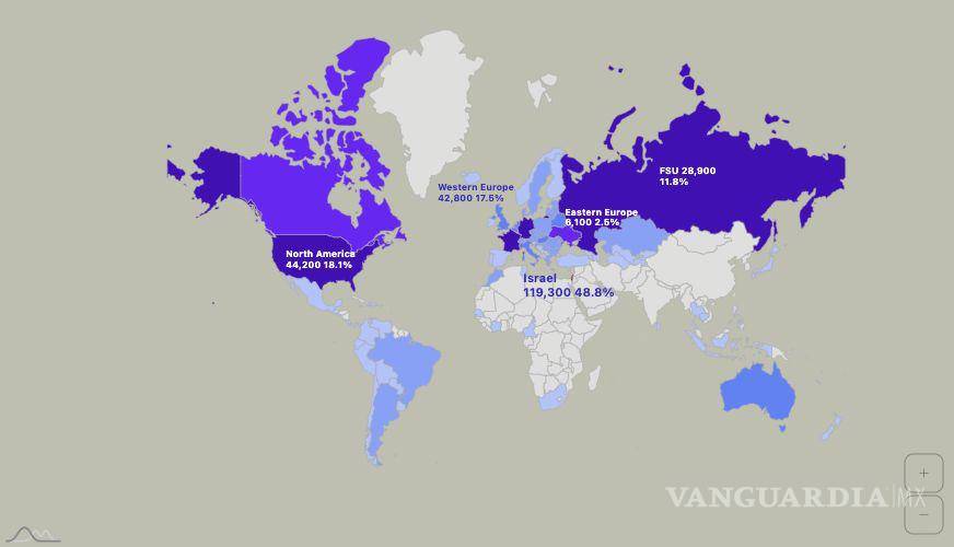 $!Mapa de la población de sobrevivientes del Holocausto en todo el mundo por país de residencia a partir de 2023.