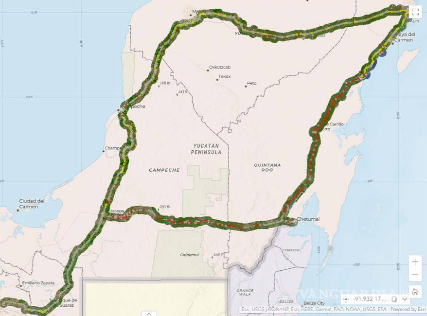 $!Área ocupada por el Tren Maya. Los puntos rojos corresponden a la deforestación ilegal. Fuente: CartoCrítica.