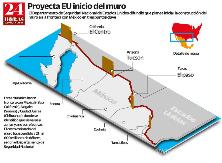 $!Muro de EU con México comenzará en frontera con Juárez, Nogales y Mexicali