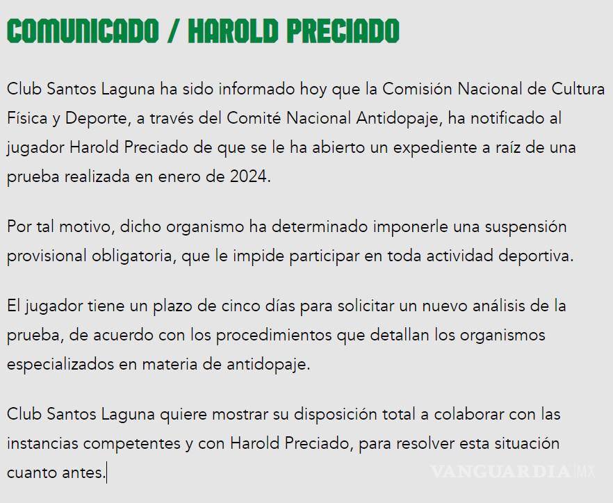 $!Santos Laguna expresó su disposición para colaborar con las instancias legales.