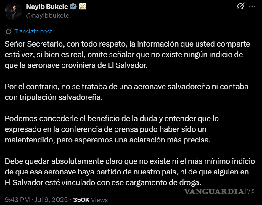 $!Bukele desmiente a García Harfuch: niega que avioneta con más de 400 kilos de droga saliera de El Salvador
