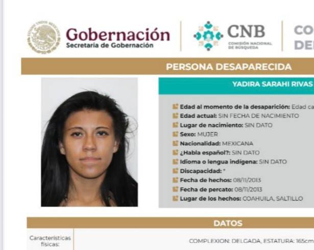 La consulta pública del Registro Nacional de Personas Desaparecidas y No Localizadas mantiene activa la ficha de Yadira Sarahi, quien se presentó por un trámite de CURP.