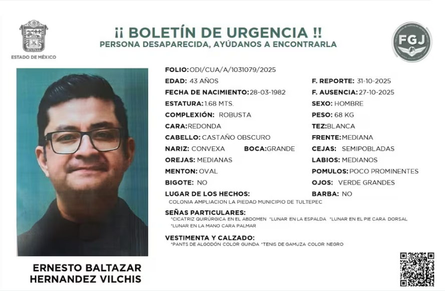 $!Ficha de desaparición de la FGJEM sobre la desaparición del sacerdote Ernesto Baltazar Hernández Vilchis.