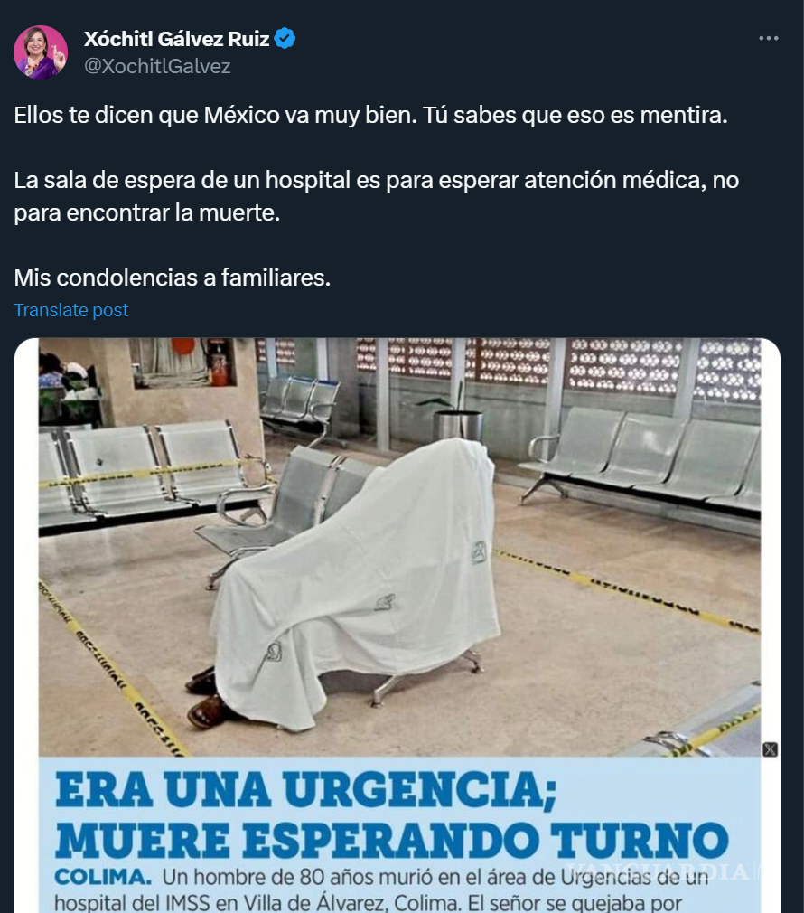 $!La exhibición incluyó la publicación de Gálvez criticando al gobierno por las condiciones del sistema de salud