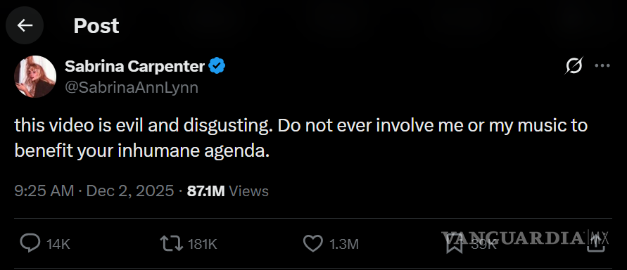 $!Casa Blanca usa canción ‘Juno’ de Sabrina Carpenter para campaña de deportaciones; artista lo reprueba