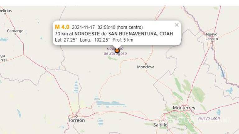 Se deja sentir sismo de 4 grados en San Buenaventura y Cuatro Ciénegas en Coahuila